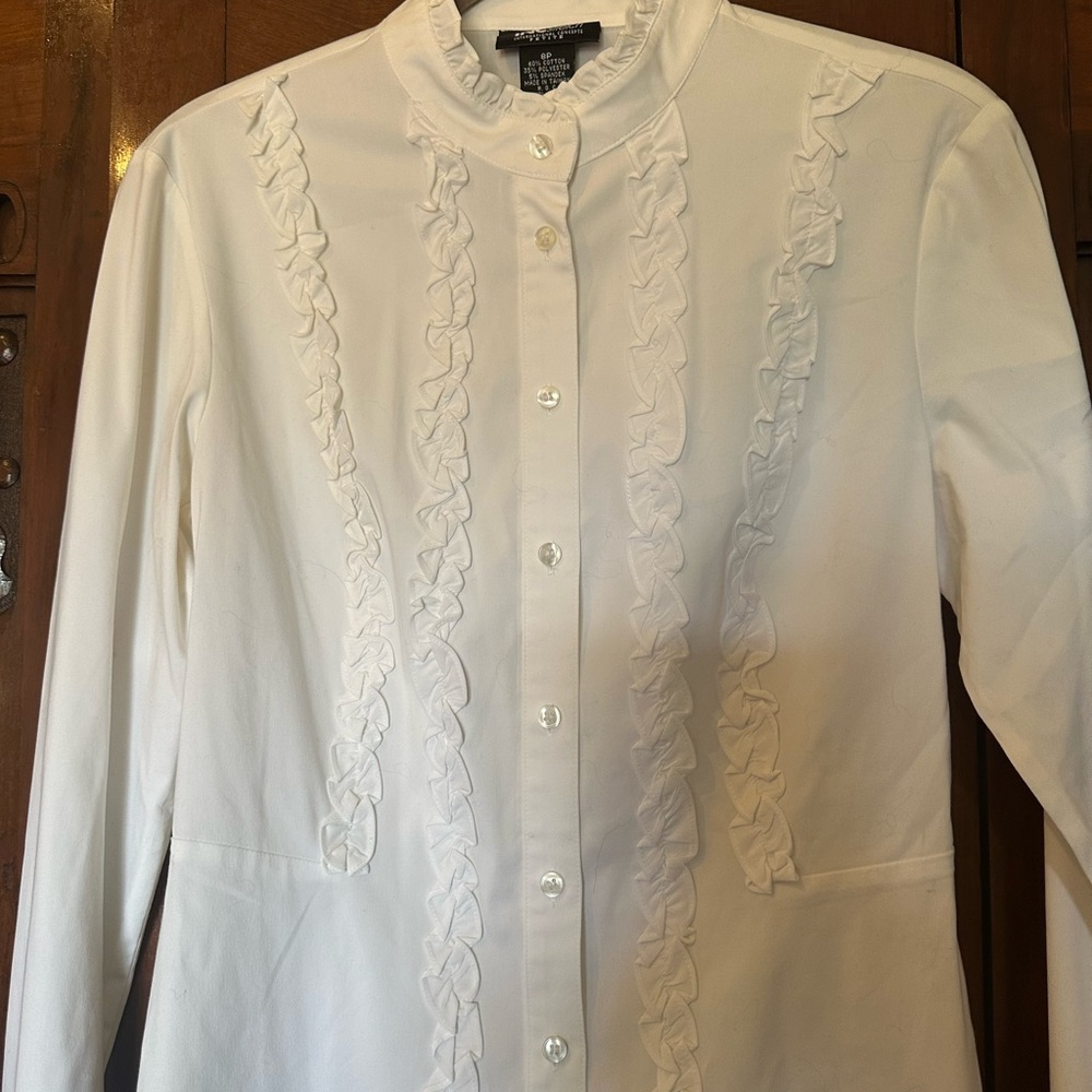INC International Concepts White Ruffled Stretch Button Down Shirt